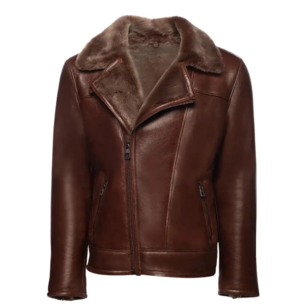 Carters Mateo brown shearling leather biker jacket shown from the front