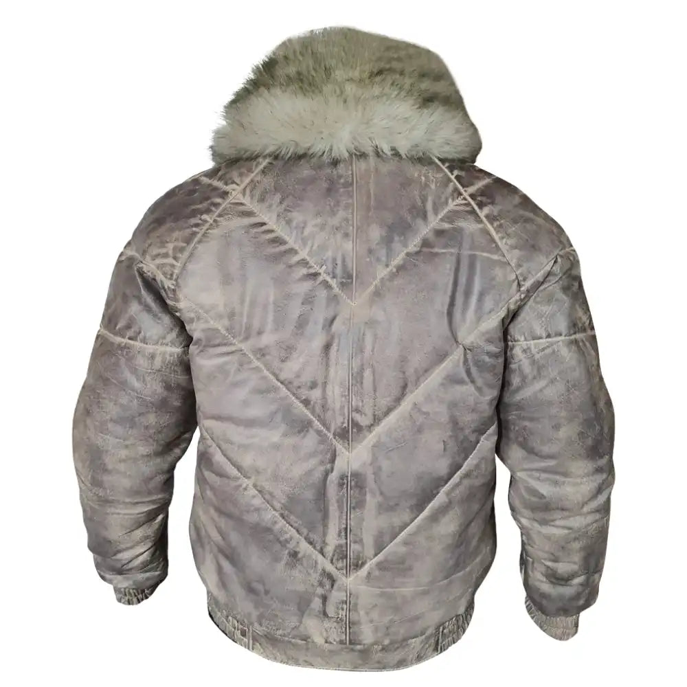 Back view of the Casper leather puffer showing the V-pattern stitching and the voluminous white fur collar extending across the shoulders.