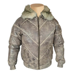Front view of the Casper V-Bomber leather puffer jacket featuring signature V-shaped quilted panels and a striking white fox fur collar.