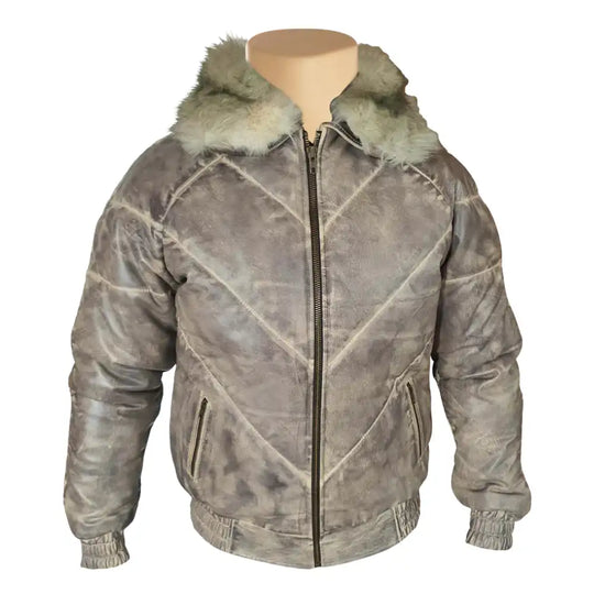 Front view of the Casper V-Bomber leather puffer jacket featuring signature V-shaped quilted panels and a striking white fox fur collar.