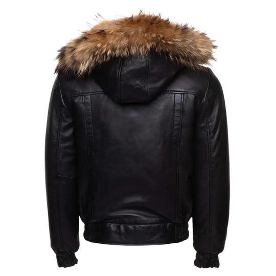 Castillos Bomber Winter Leather Jacket with Real Fox Fur Hoodie back view leather bomber jacket with fur hood