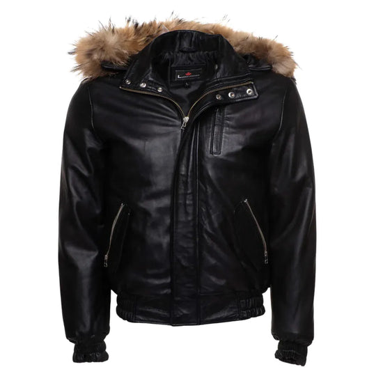 Castillos Bomber Winter Leather Jacket with Real Fox Fur Hoodie front view leather bomber jacket with fox fur hood