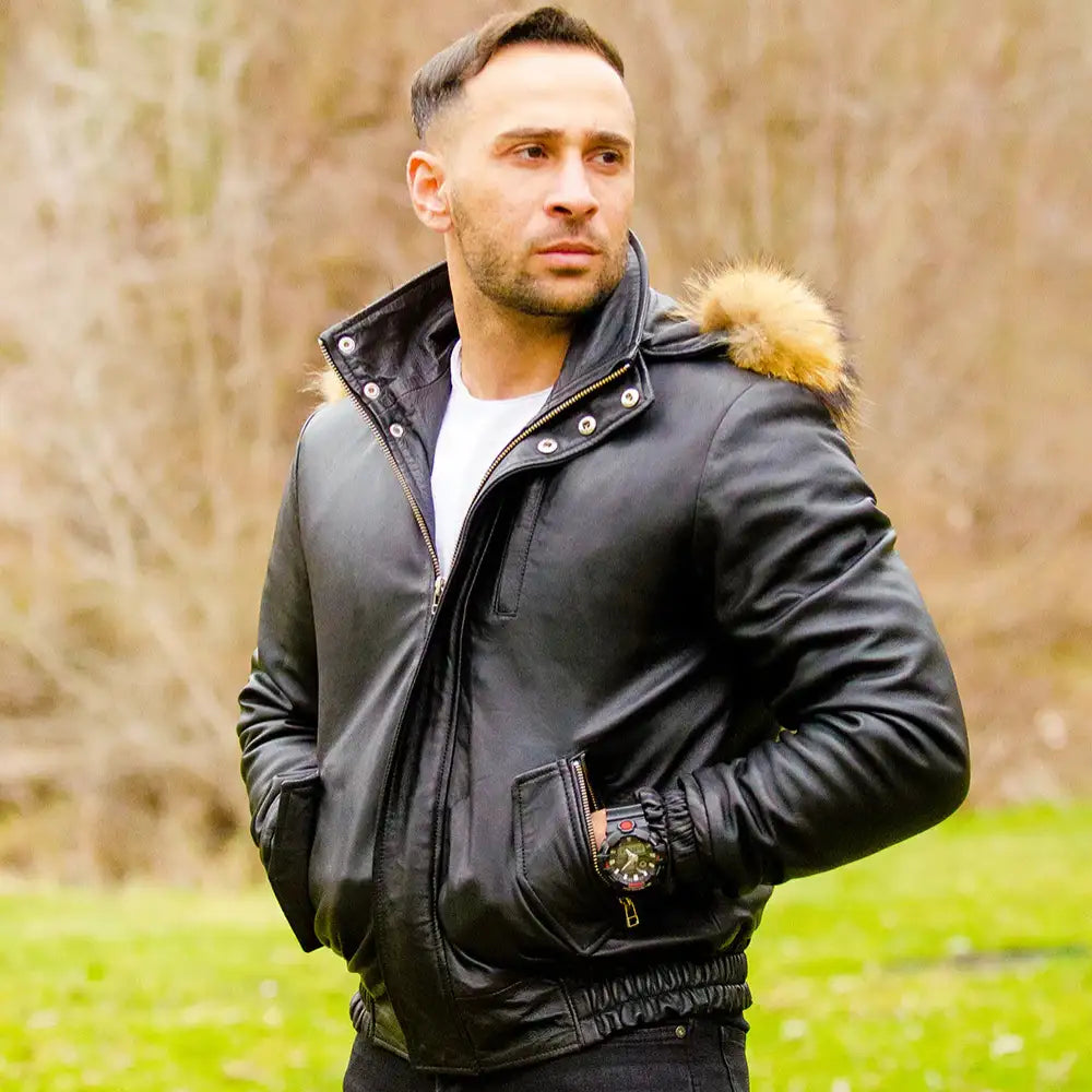 Model wearing Castillos Bomber Winter Leather Jacket with Real Fox Fur Hoodie winter leather outfit