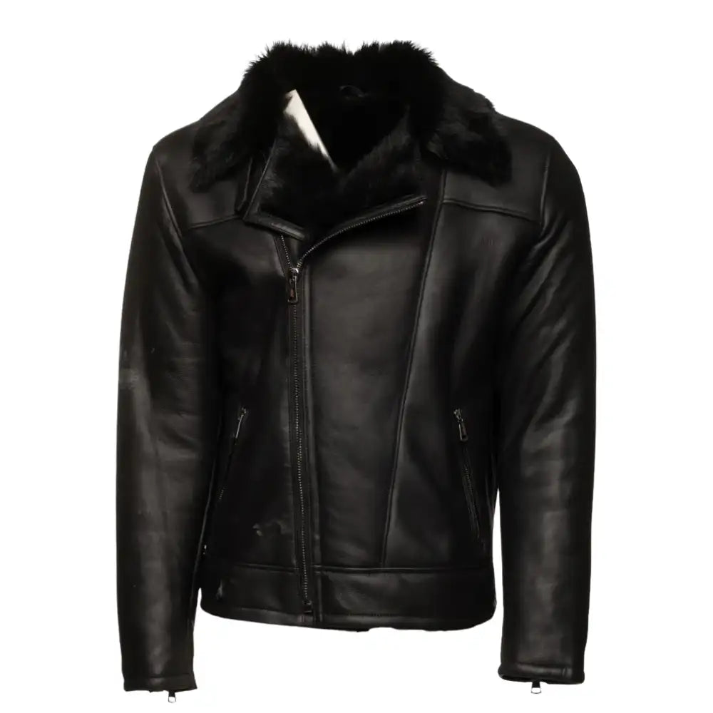 Front angle of Cater's Toscana Shearling Leather Biker Jacket in premium brown leather
