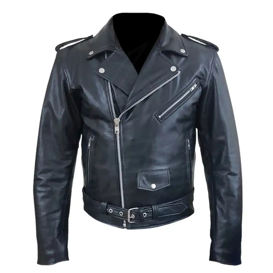 Full front view of a classic black leather motorcycle jacket featuring an asymmetrical zipper, notched lapels, and hidden internal armor.