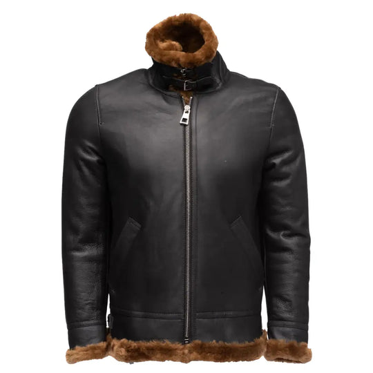 Close-up view of the Classic Ginger Brown B3 Bomber Aviator Shearling Jacket with the front closure, showcasing the full shearling collar and leather material."