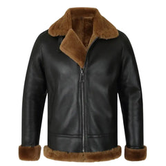 Front view of the Classic Ginger Brown B3 Bomber Aviator Shearling Jacket, featuring a sleek leather exterior and a cozy shearling collar.