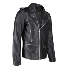 Side view of the classic leather biker jacket with epaulette details and a tailored fit.