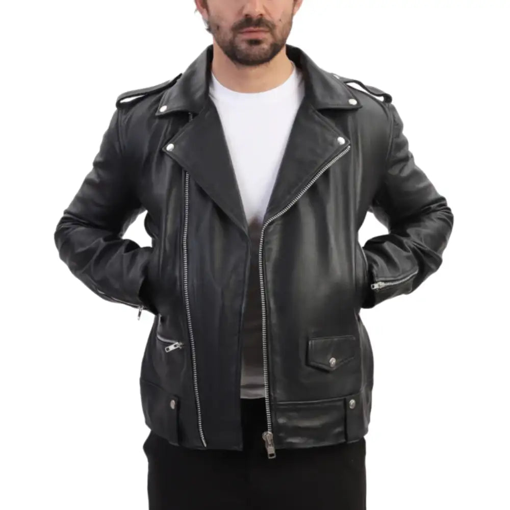 Model wearing the classic leather biker jacket with epaulette, styled with jeans for a casual, rugged look.