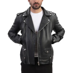 Model wearing the classic leather biker jacket with epaulette, styled with jeans for a casual, rugged look.
