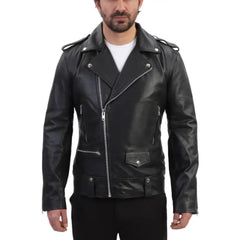 Model wearing the classic leather biker jacket with epaulette, styled with jeans for a casual, rugged look.