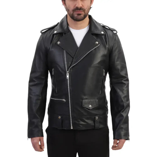 Model wearing the classic leather biker jacket with epaulette, styled with jeans for a casual, rugged look.