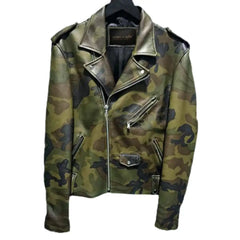 Classic Military Printed Camouflage Leather Biker Jacket