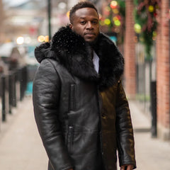 Model styling Cody's Shearling Trench Coat with Fox Fur Trims premium winter coat look