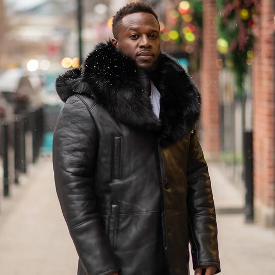 Model styling Cody's Shearling Trench Coat with Fox Fur Trims premium winter coat look