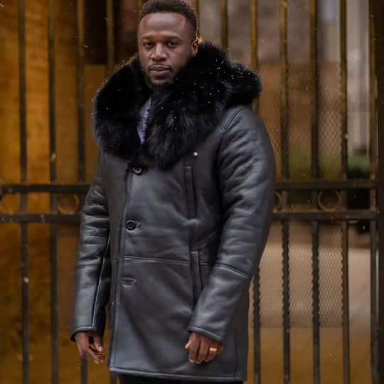 Model wearing Cody's Shearling Trench Coat with Fox Fur Trims long winter coat