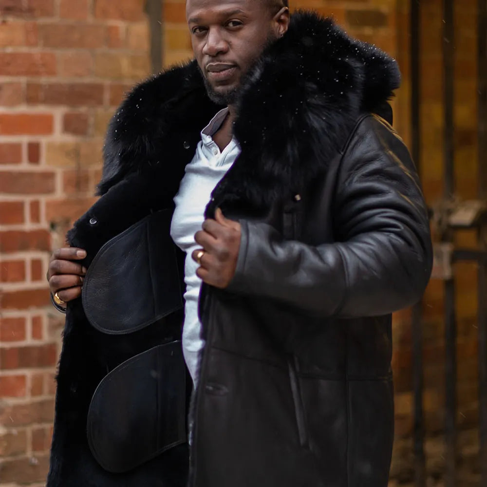 Model posing in Cody's Shearling Trench Coat with Fox Fur Trims stylish winter outfit