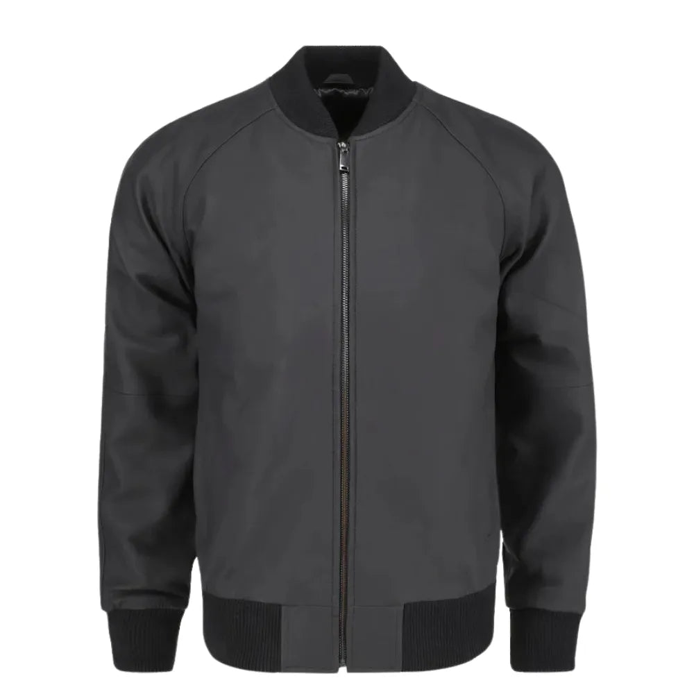 Colt Matte Black Ribbed Bomber Jacket front view matte black leather bomber jacket with ribbed cuffs and waistband