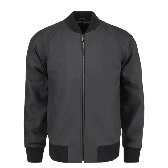 Colt Matte Black Ribbed Bomber Jacket front view matte black leather bomber jacket with ribbed cuffs and waistband