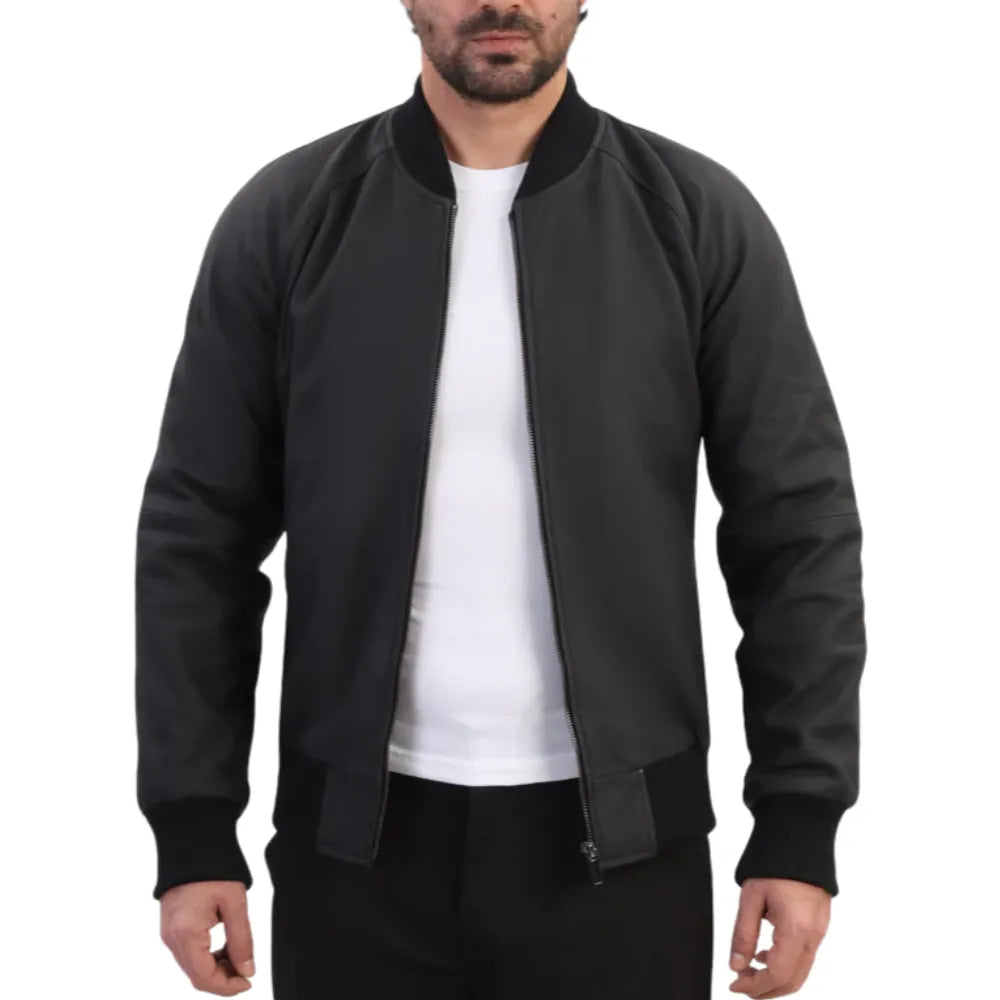Model wearing Colt Matte Black Ribbed Bomber Jacket black leather bomber jacket outfit