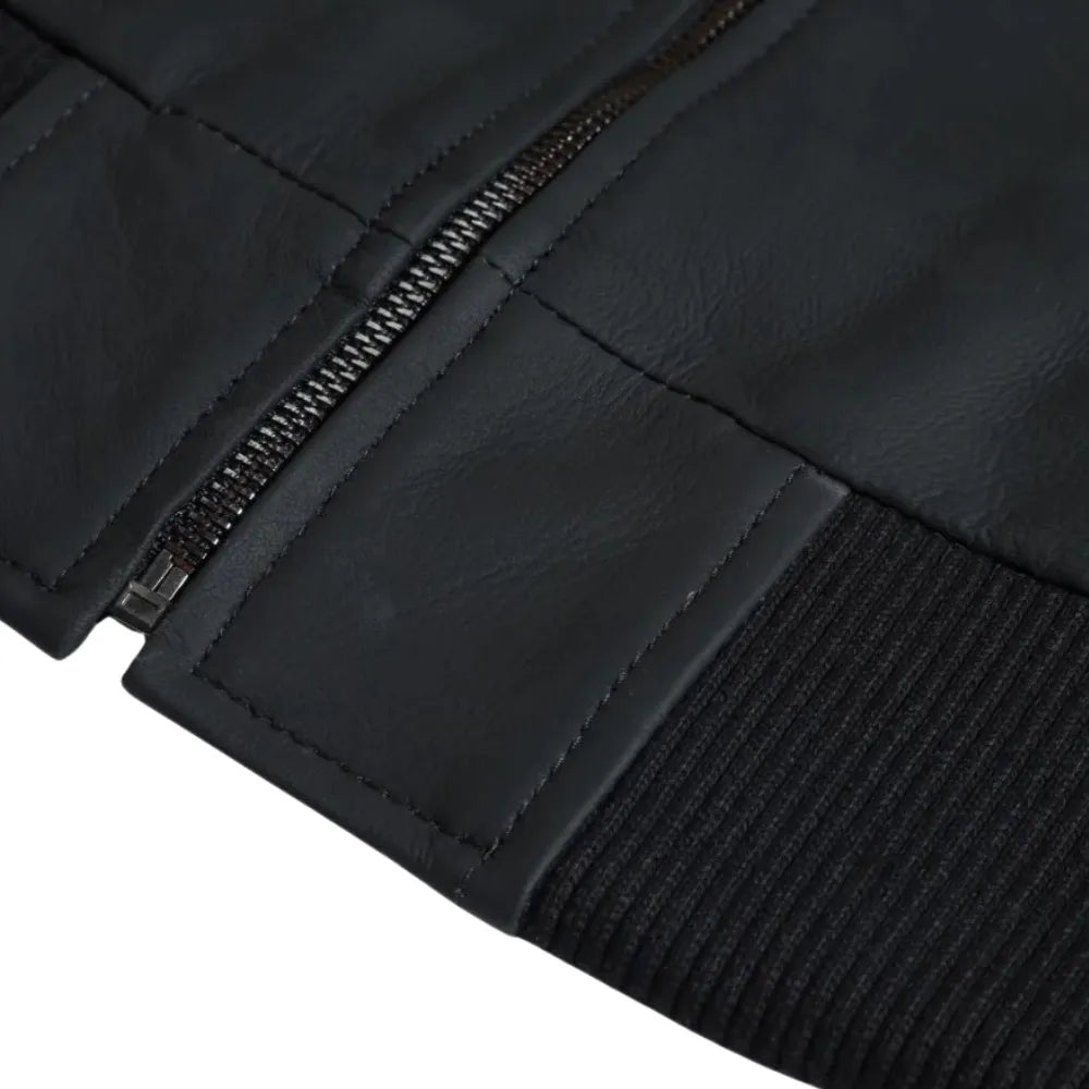 Colt Matte Black Ribbed Bomber Jacket close up zipper on leather bomber jacket