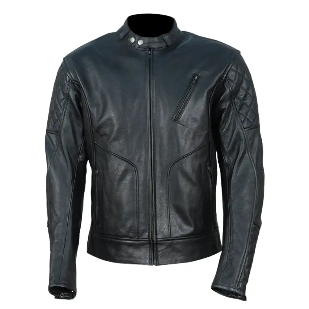 Full front view of Connor's Speedster cafe racer jacket in premium black leather, featuring a central zipper and intricate quilted stitching on the shoulders.