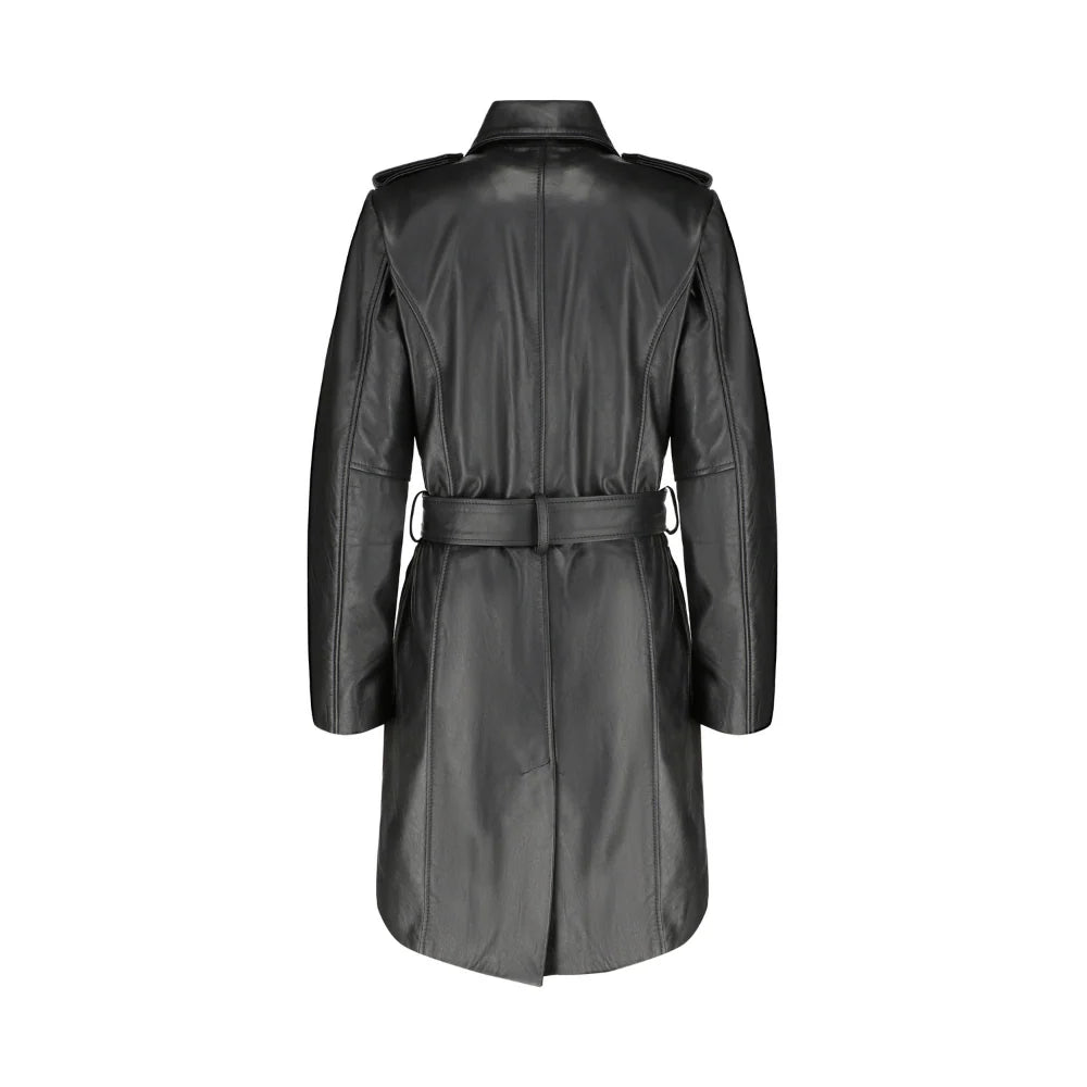 Back view of the coral black leather coat, showcasing the tailored panels and adjustable belt loops.