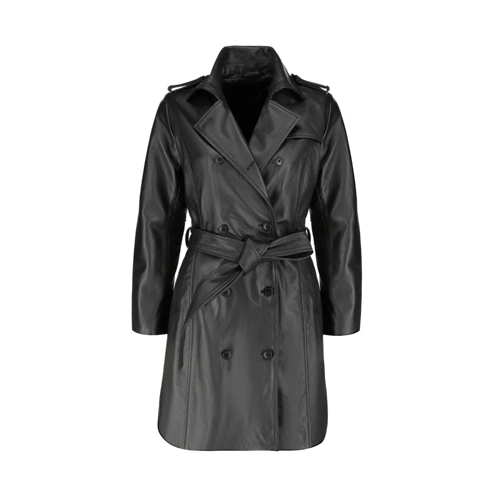 Front view of the coral black belted leather coat, featuring a sleek button-down front and matching waist belt.