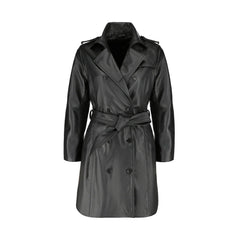 Front view of the coral black belted leather coat, featuring a sleek button-down front and matching waist belt.