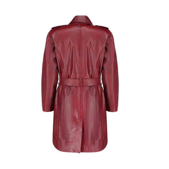Back view of the coral red leather coat highlighting the structured shoulders and the adjustable leather belt.