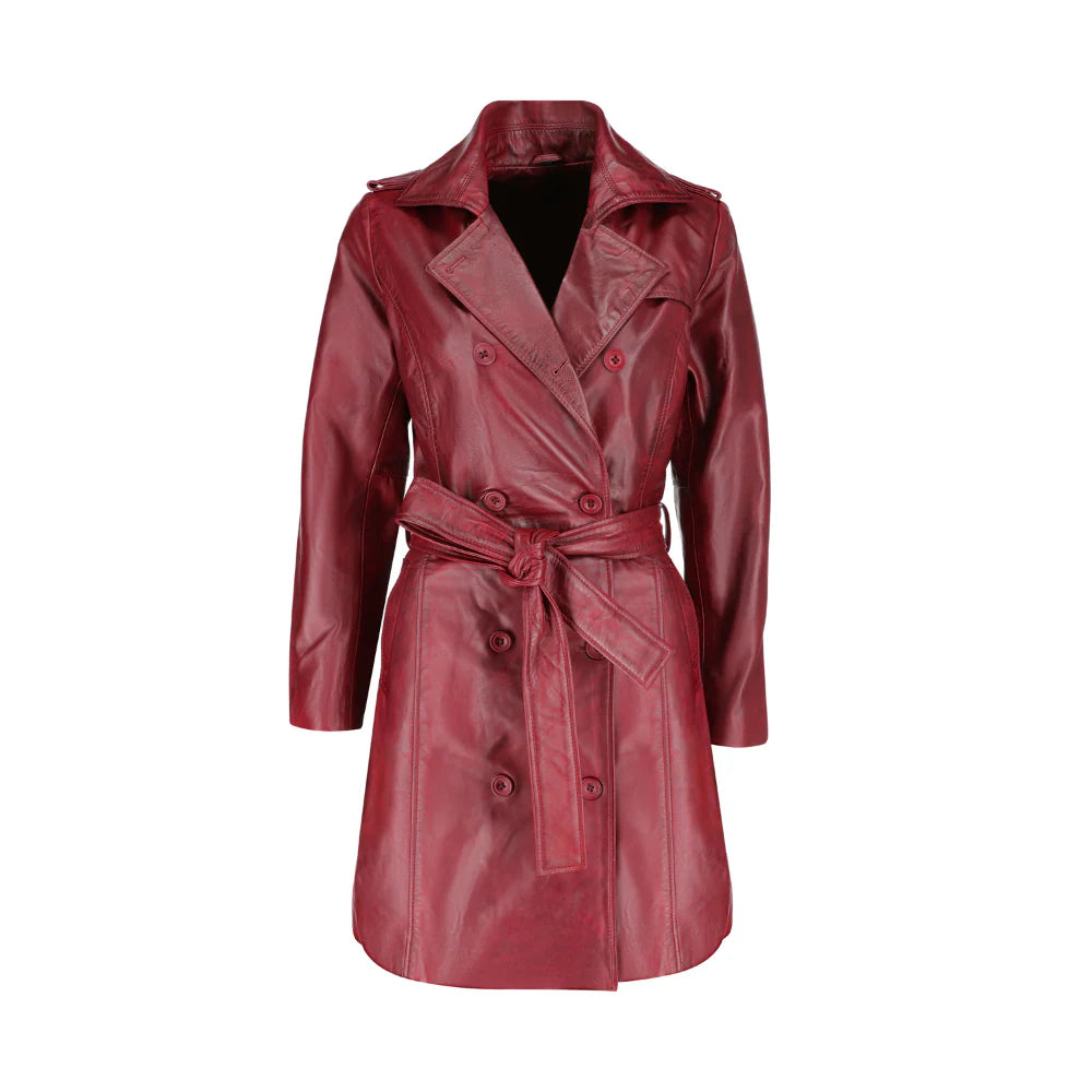 Front view of the coral red belted leather coat featuring a vibrant finish and a matching cinched waist belt.