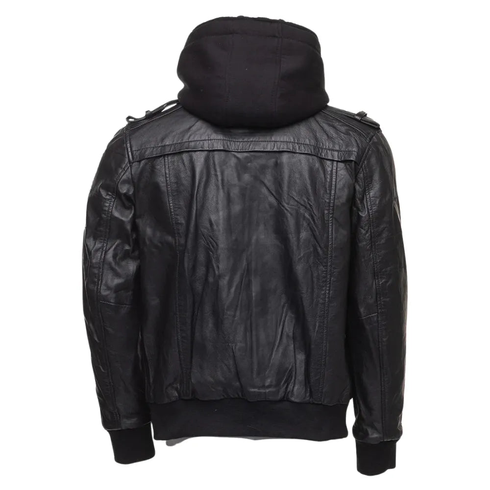 Daniel Clark Iron Hawk Hooded Bomber Jacket back view hooded leather bomber jacket