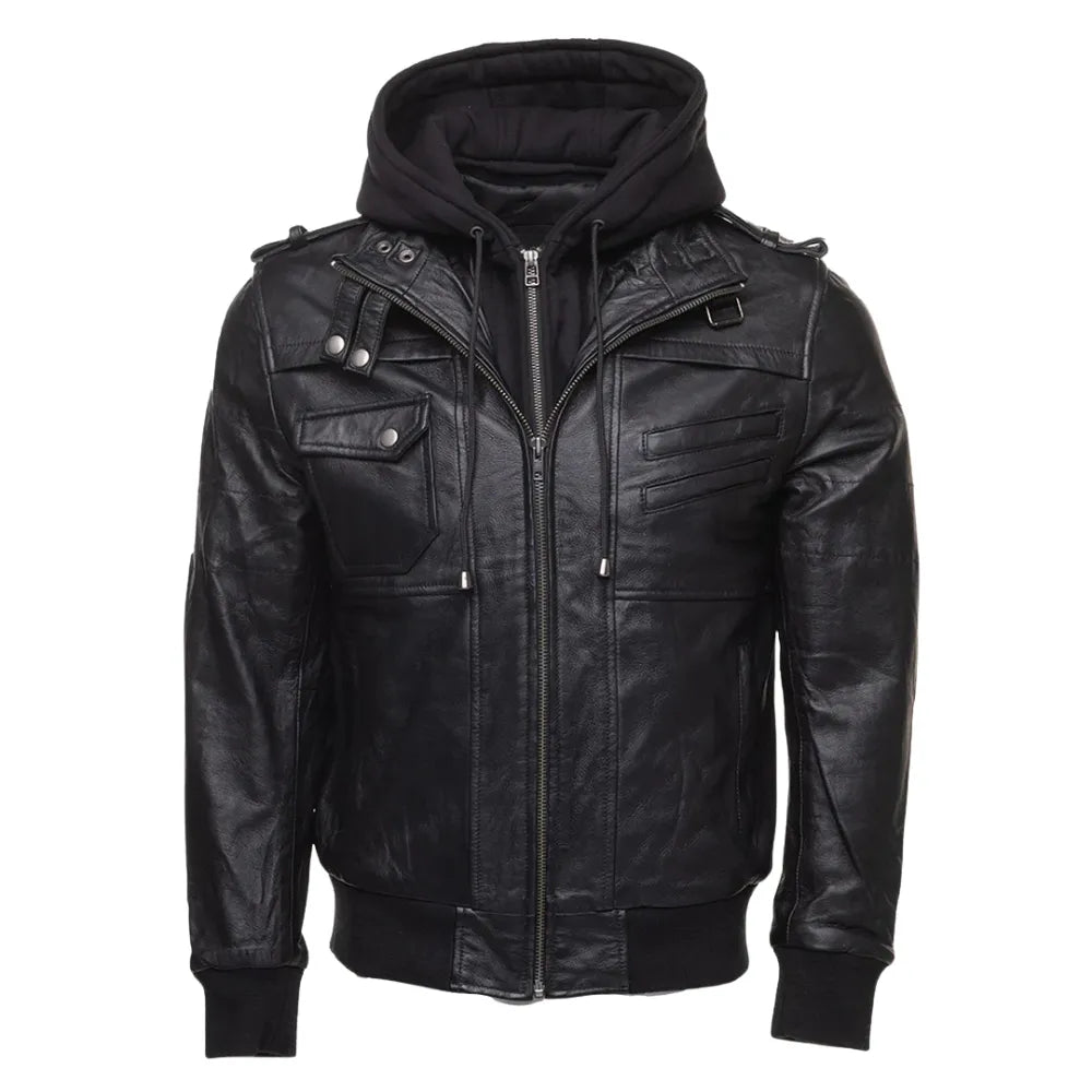 Daniel Clark Iron Hawk Hooded Bomber Jacket front view hooded leather bomber jacket with modern design