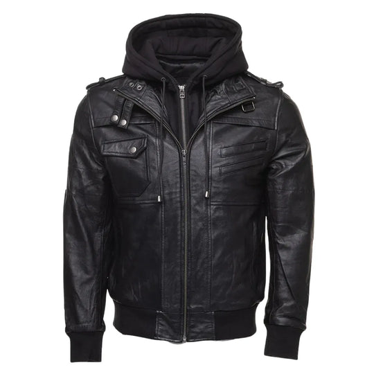 Daniel Clark Iron Hawk Hooded Bomber Jacket front view hooded leather bomber jacket with modern design