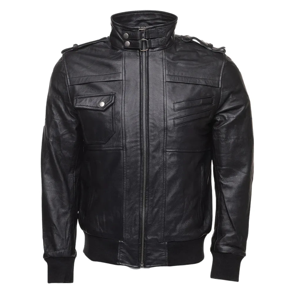 Daniel Clark Iron Hawk Hooded Bomber Jacket front angle black bomber jacket with attached hood