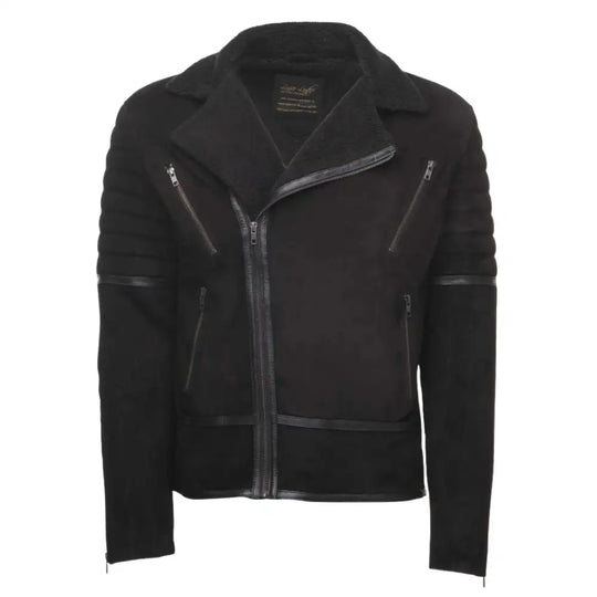 David black suede biker jacket with sherpa