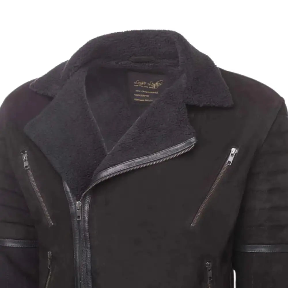 Front angle of David Black Suede Leather Biker Jacket in soft black suede