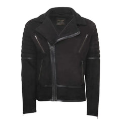 Front view of David Black Suede Leather Biker Jacket with asymmetrical zipper