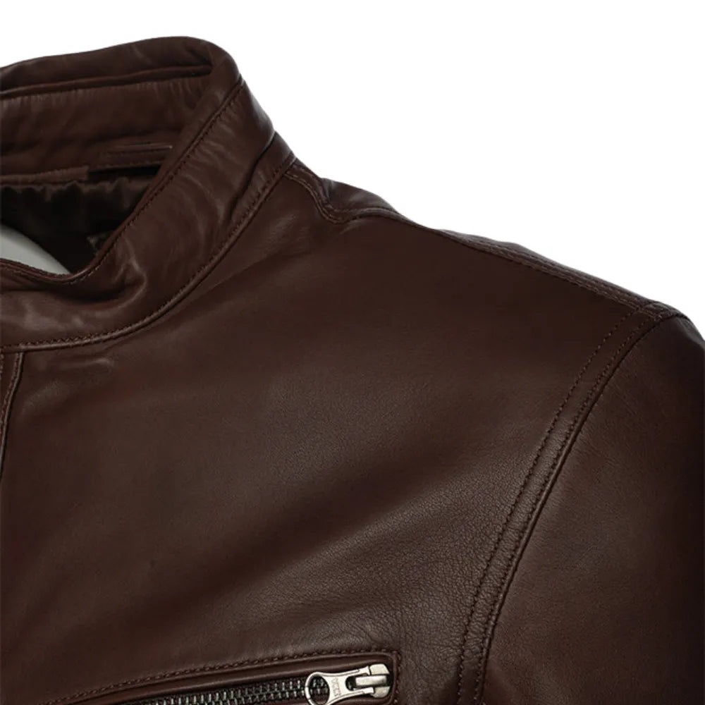 Declan Brown Café Racer Leather Jacket close up brown leather texture