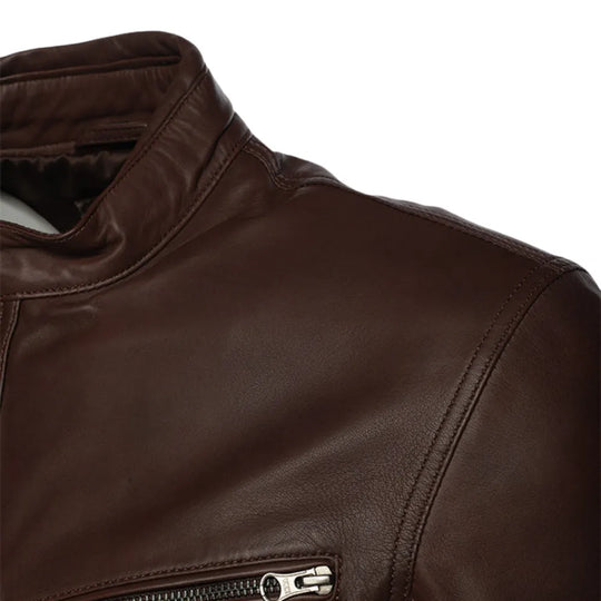 Declan Brown Café Racer Leather Jacket close up brown leather texture