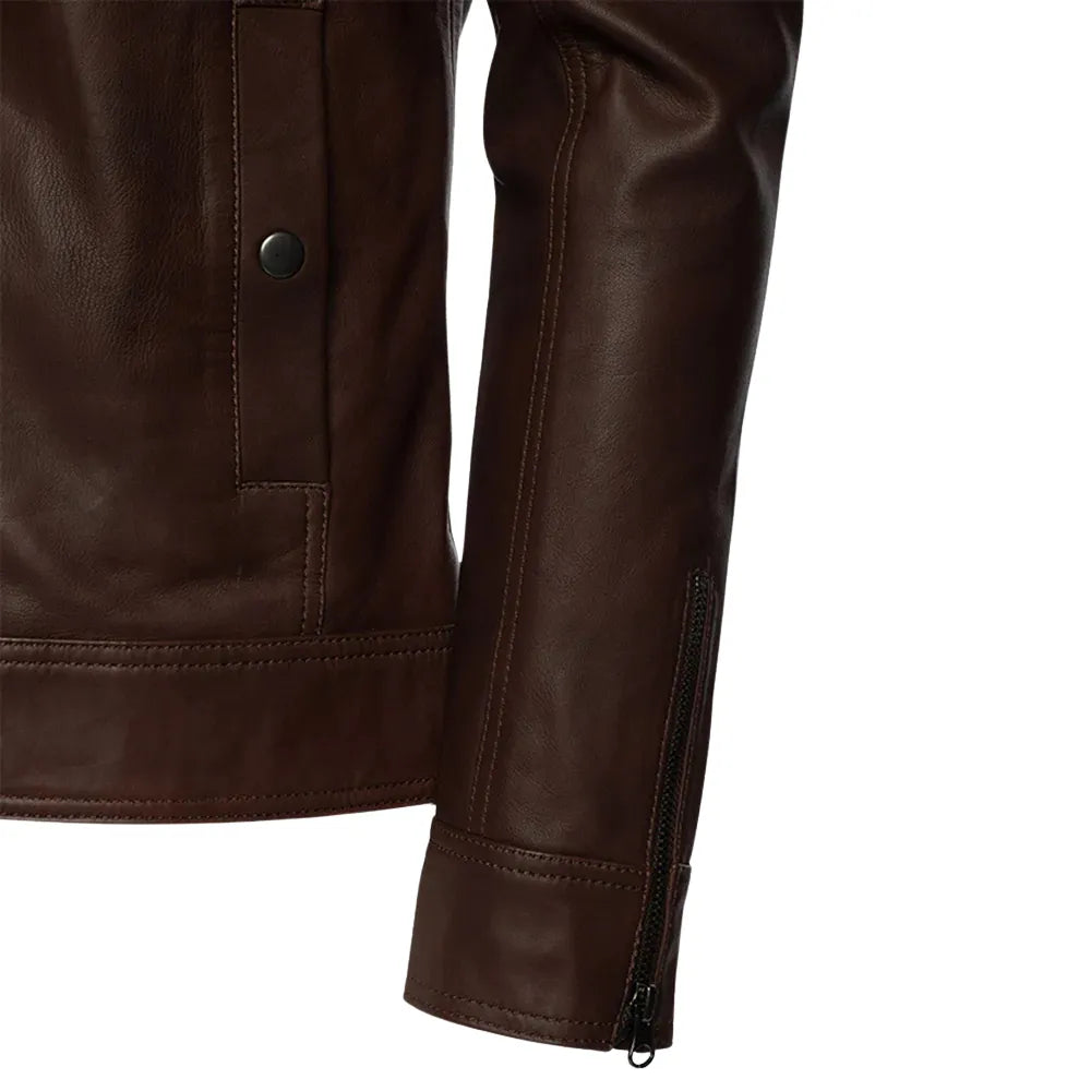 Declan Brown Café Racer Leather Jacket sleeve detail brown leather cuff