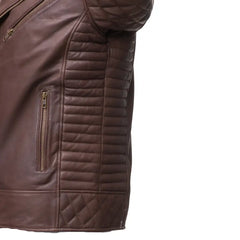 Detailed view of zipper and belt on diamond stitched brown leather biker jacket
