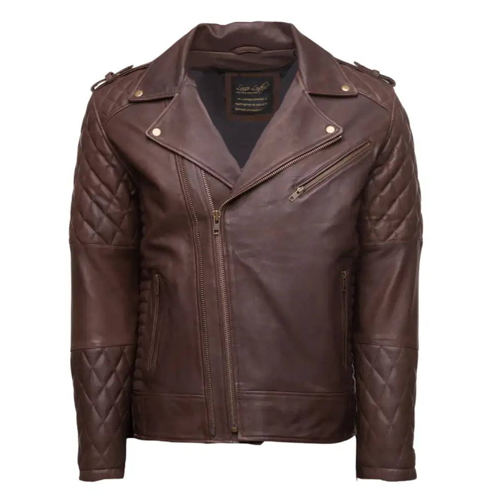 Front profile of premium diamond stitched brown quilted leather biker jacket