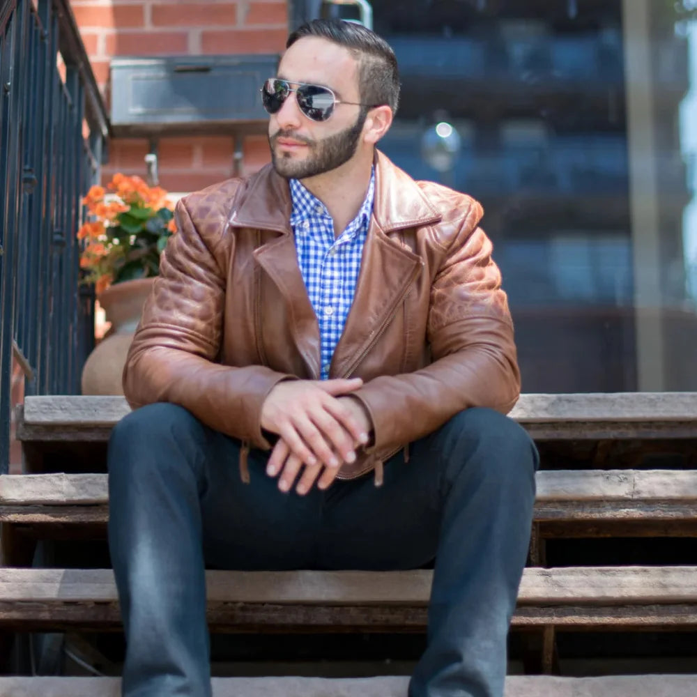 Model wearing distressed sandwash leather biker jacket