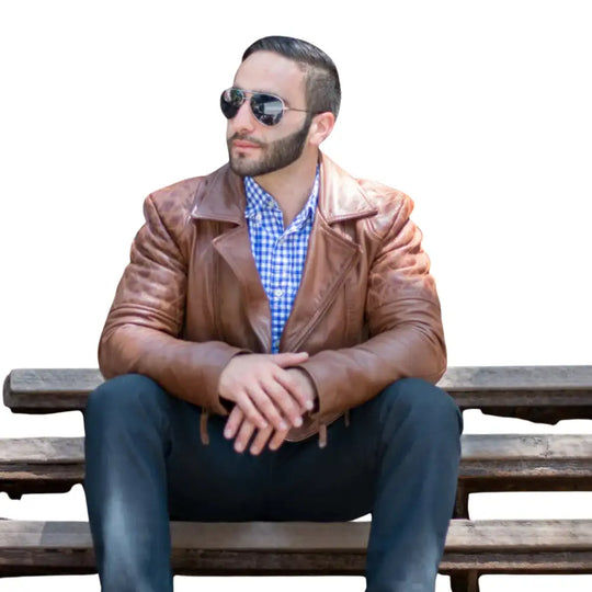 Model wearing distressed sandwash leather biker jacket