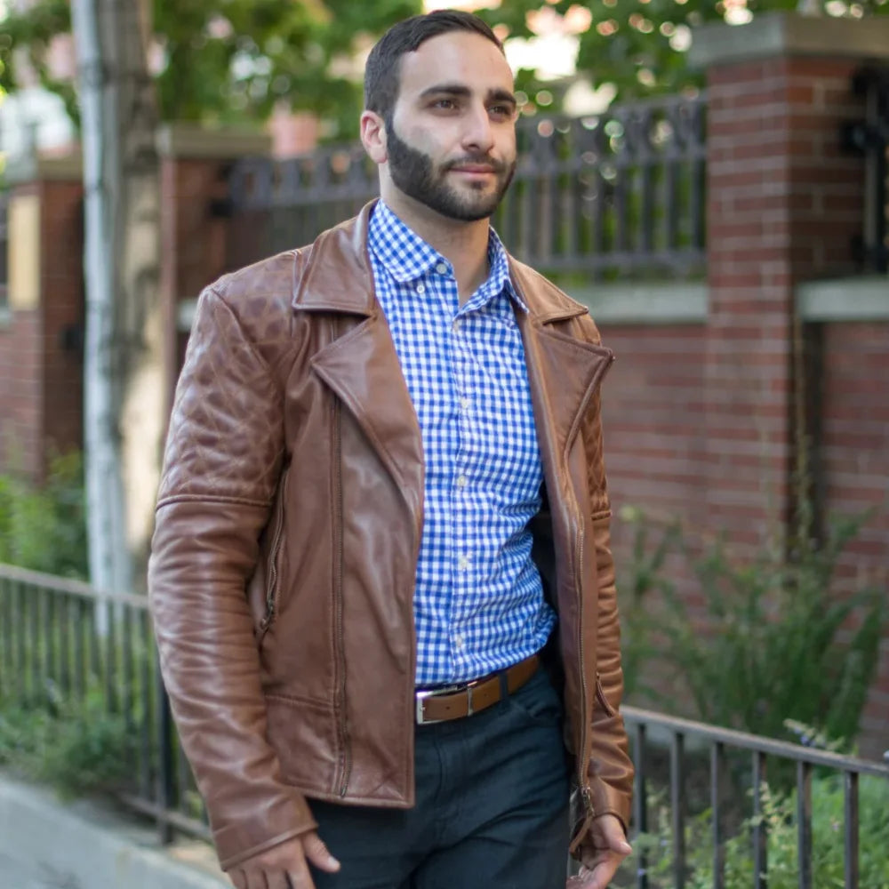 Model showcasing fit of distressed sandwash leather biker jacket