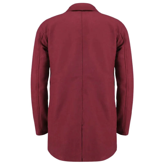 Rear view of the Dorian Burgundy Wool Overcoat showing the clean longline silhouette and center back vent on a white background.