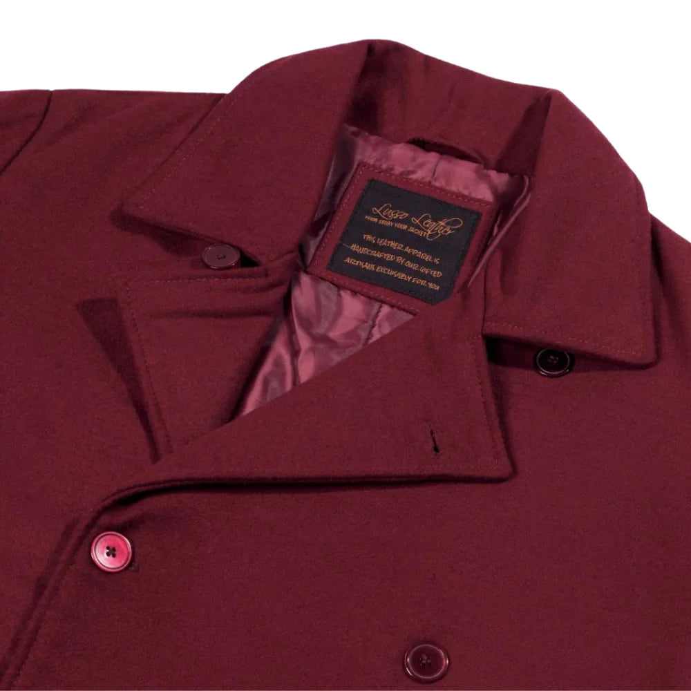 Close-up of the notch lapels and structured shoulder of the Dorian Burgundy Wool Overcoat, white background.