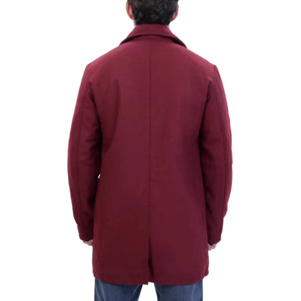 Man wearing a burgundy wool overcoat with a rear view on a white background
