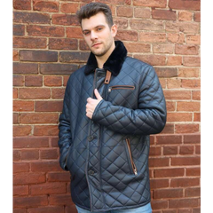 Model styling Drew Navy Quilted Sheepskin Shearling Coat luxury winter coat look